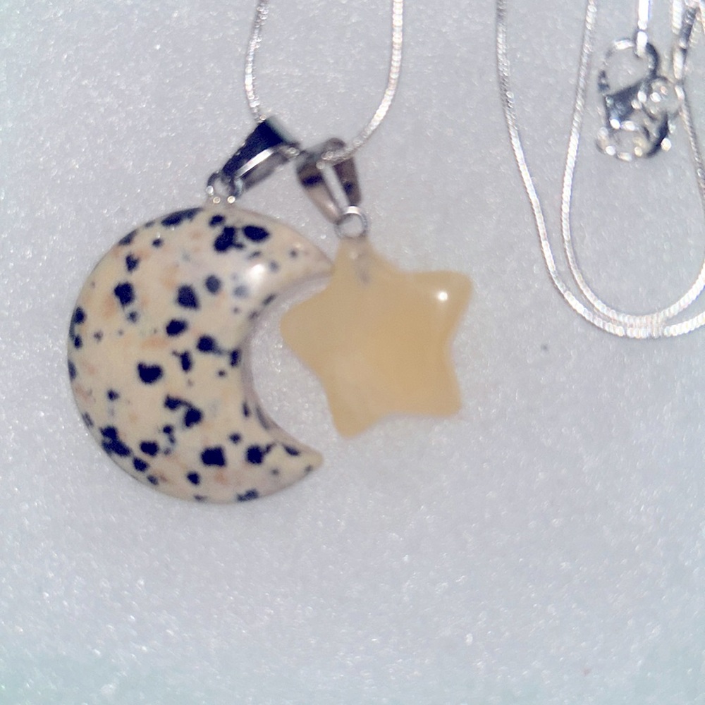 Bobo hippie Aventurine Star & Dalmatian Jasper Moon Sterling Silver 24” Necklace